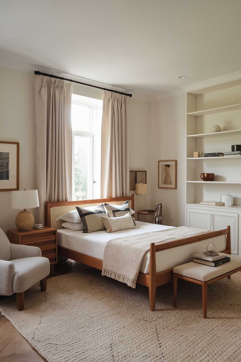 A neutral bedroom decor with a wooden bed, white walls, and a beige rug. There's a wooden nightstand on one side of the bed with a lamp. A gray chair is placed near the bed. There's a white bookshelf on the other side of the bed. A beige curtain covers a window. The room has a few personal items, such as a lamp and a vase.