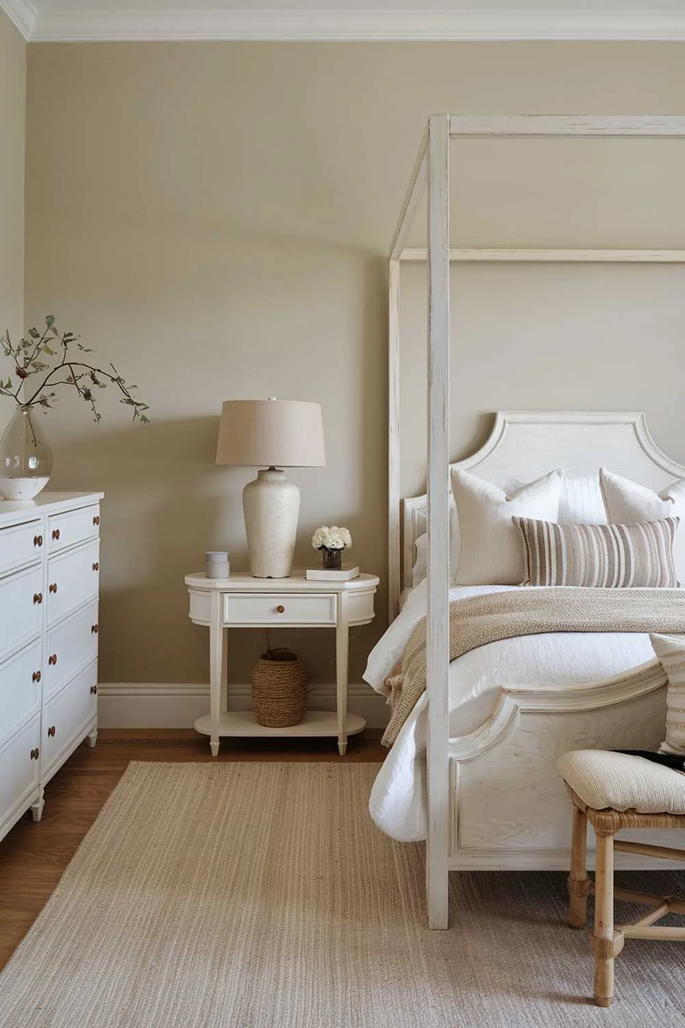 A highly detailed neutral bedroom decor. The room has a beige wall, a white wooden bed frame, a beige wool rug, a white dresser, and a white side table. There is a beige lamp on the side table and a beige throw pillow on the bed. The floor is made of wood.