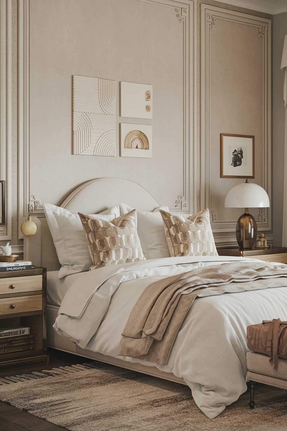 A neutral bedroom decor. The room has a bed with a white duvet and two decorative pillows. There is a nightstand beside the bed with a lamp and a book. The walls have a beige hue and have a few pieces of artwork. The room has a rug in front of the bed. The overall ambiance is calm and serene.