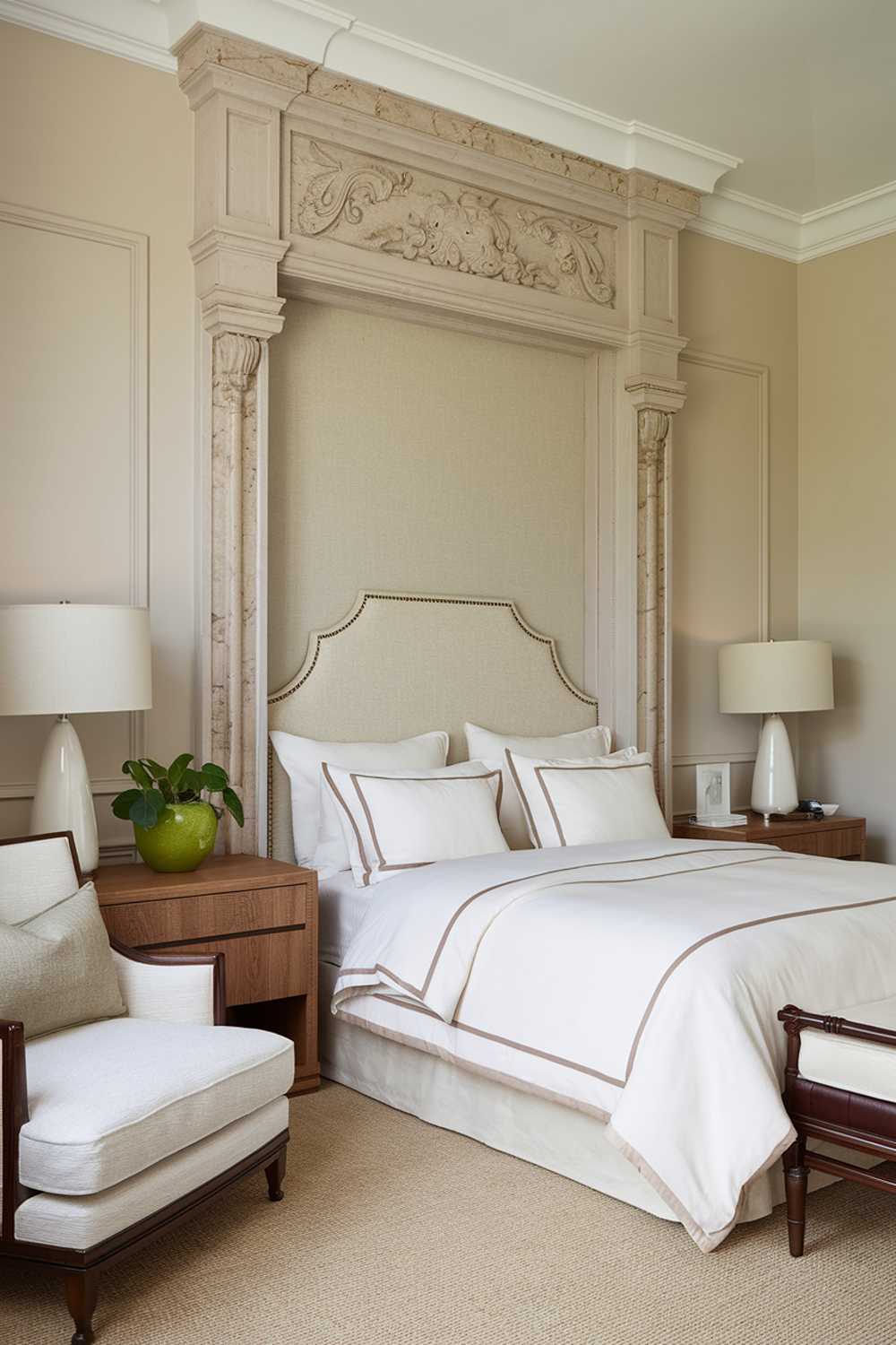 A highly detailed neutral bedroom with a mix of modern and traditional elements. The room features a queen-sized bed with a beige headboard and a white duvet. There is a wooden nightstand on the left side of the bed with a green plant pot. A white chair with a beige cushion is placed near the nightstand. The walls are painted in a soft beige hue. There are two white lamps with beige shades on the nightstand and near the bed. The floor is covered with beige carpet.