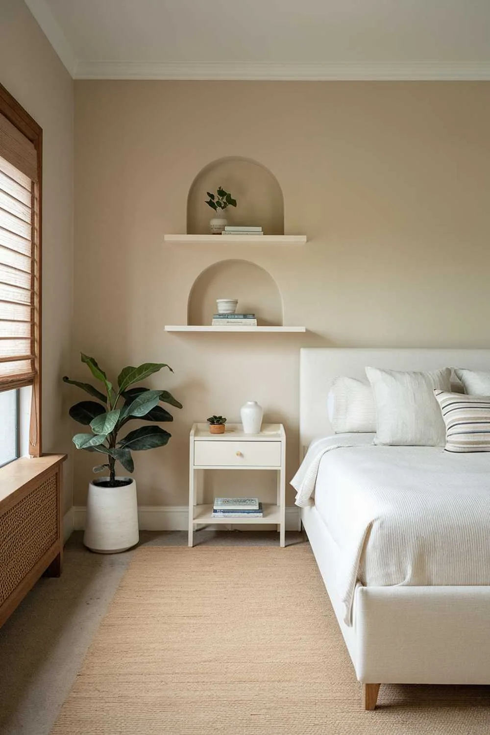 A neutral bedroom with a white bed, two white shelves, a white nightstand, and a beige rug. The walls are painted in a soft beige hue. There's a potted plant near the nightstand. The room has a large window with wooden blinds. The floor has a beige rug.