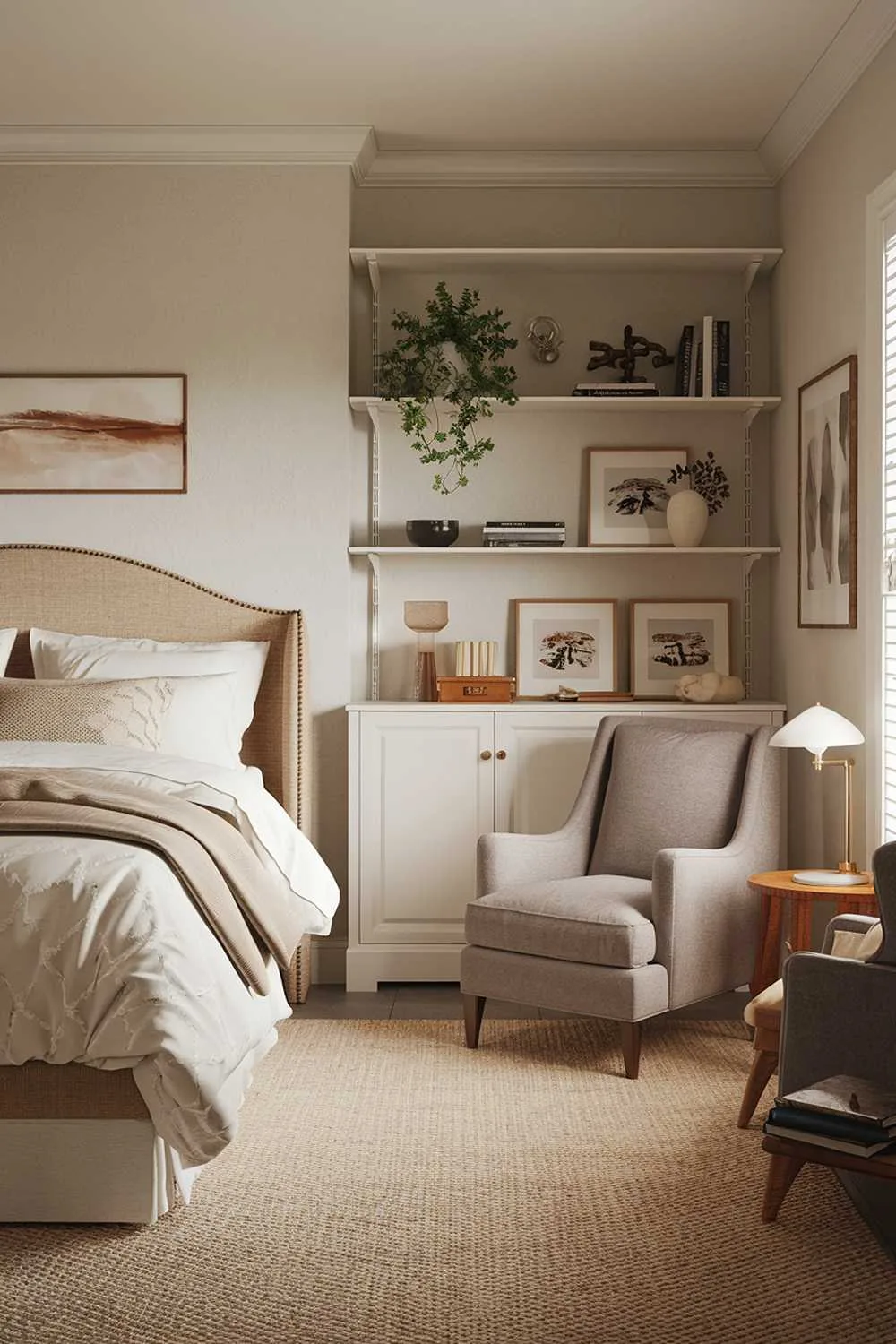 A highly detailed neutral bedroom with a warm hue. There's a queen-size bed with a beige headboard and white bedding. A grey armchair sits in the corner, next to a wooden stand. A beige rug covers the floor. A white bookshelf holds various items, including a lamp, a plant, and a few books. The walls are painted in a light grey hue.