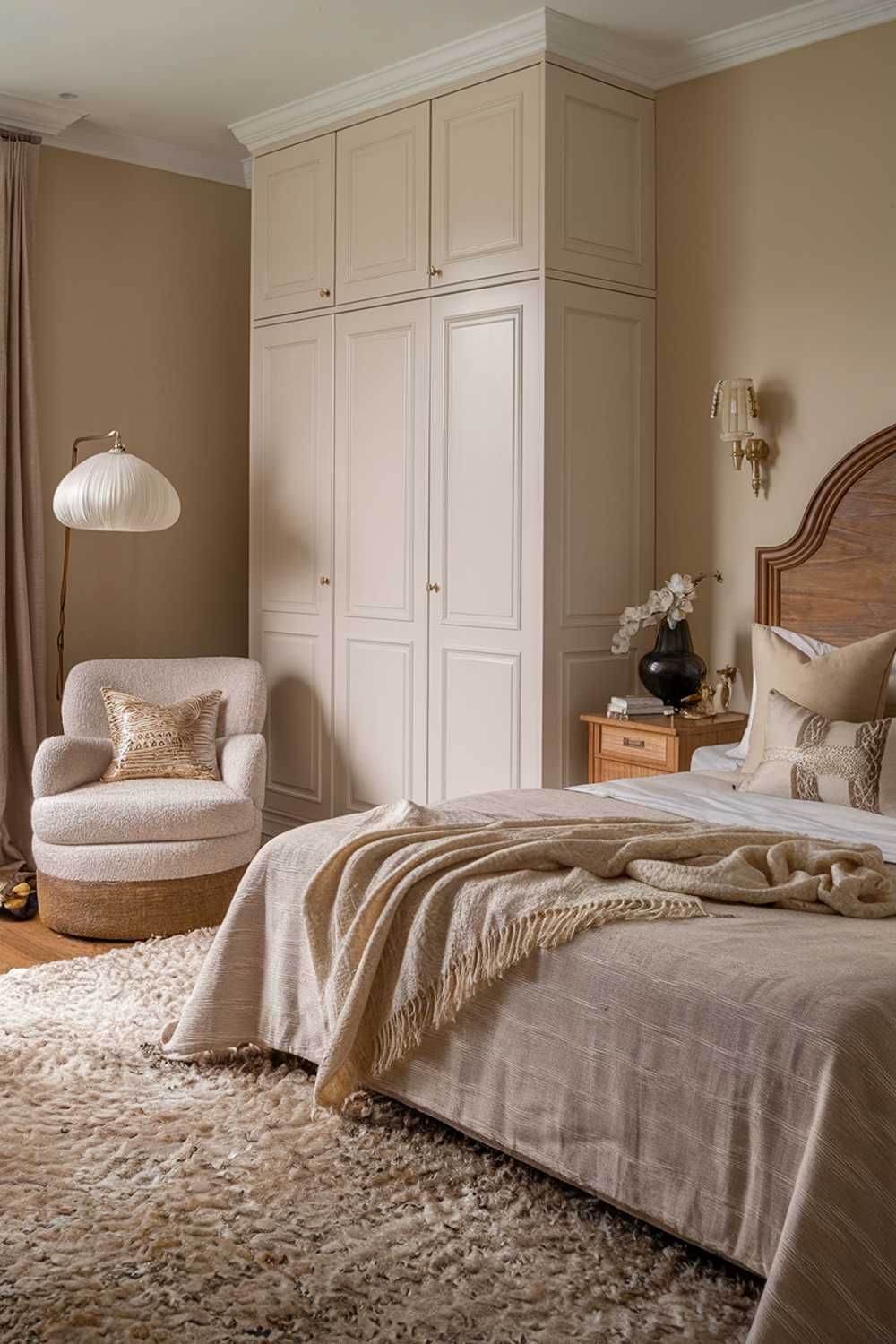 An elegant neutral bedroom with a plush rug, a wooden headboard bed, and a white wardrobe. The bed is adorned with a beige blanket and a few decorative pillows. There's a reading chair in the corner, next to a floor lamp. The walls are painted in a soft beige hue.