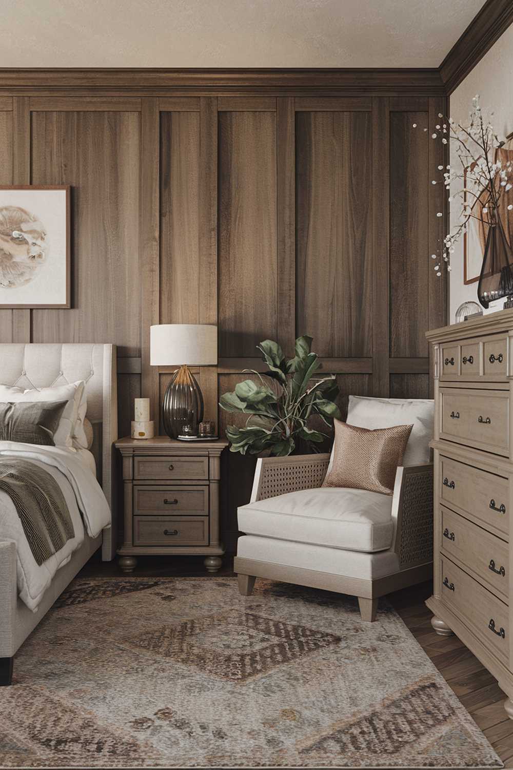 A highly detailed neutral and earthy bedroom decor with a king size bed, a nightstand, a dresser, and a chair. The wall has a wooden panel. There's a rug on the floor. The nightstand and dresser have drawers. The chair has a cushion. The room has a lamp, a vase, and a plant.