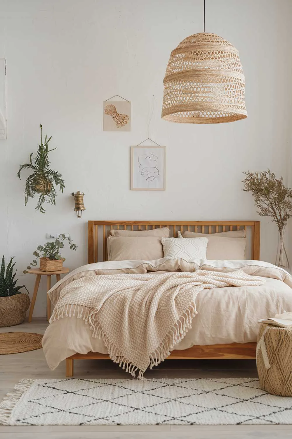 A highly detailed neutral organic bedroom decor with a wooden bed frame, a white woven rug, and a beige throw blanket.