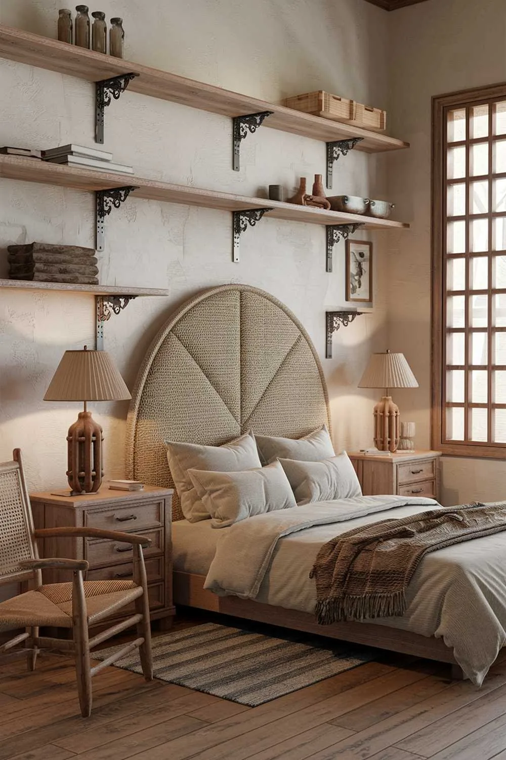 A highly detailed neutral organic bedroom decor with a rustic touch. The room features a queen-sized bed with a woven fabric headboard. There's a wooden nightstand on each side of the bed, each holding a lamp with a tired shade. A chair with a woven seat is placed near the bed. The walls are adorned with wooden shelves holding various items. The room has a large window with wooden bars. The floor is made of wooden planks.