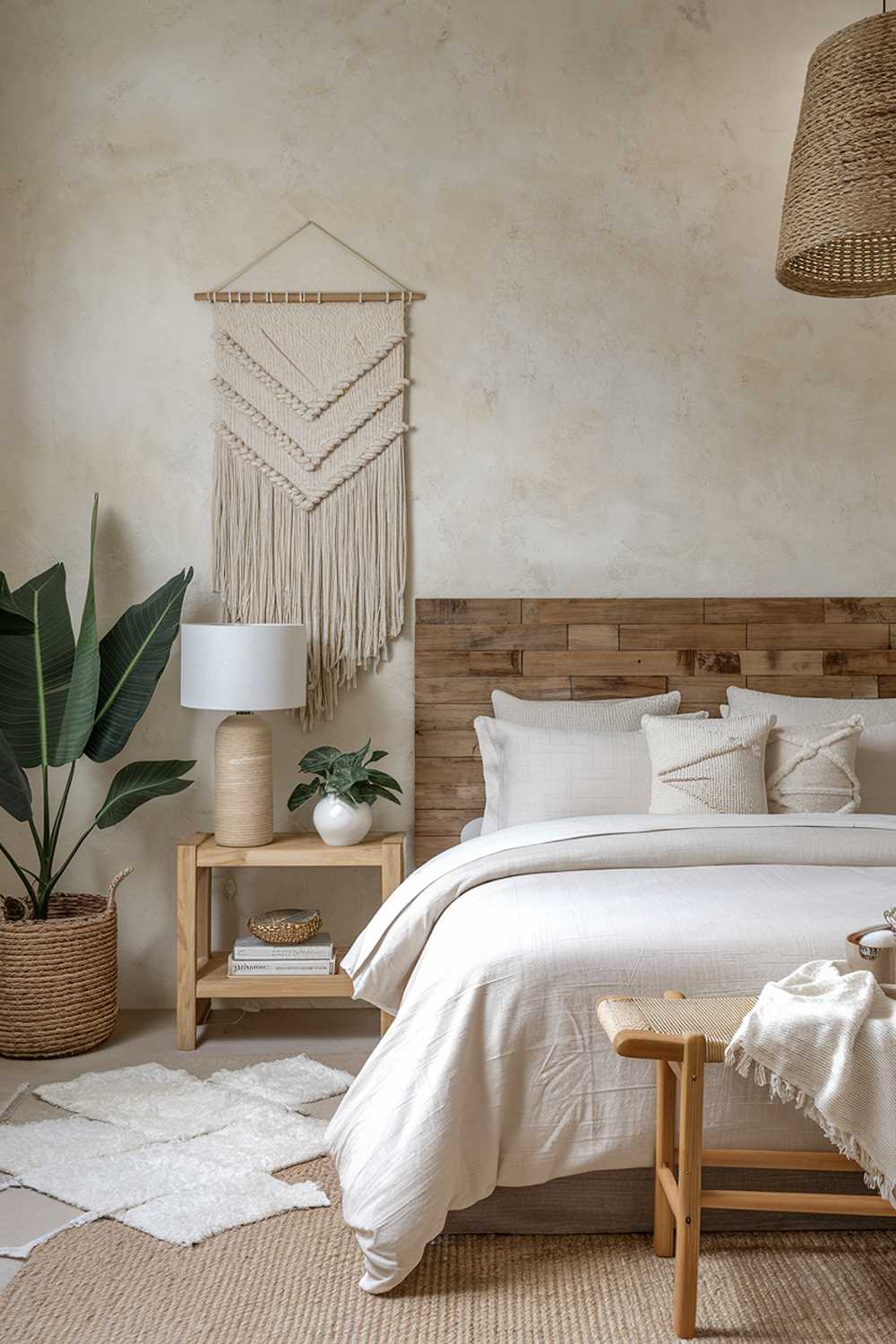 A neutral organic bedroom decor. The room has a wooden headboard, white bedding, and a woven rug. There are also a few decorative items, including a plant, a lamp, and a wall hanging. The walls have a textured finish.