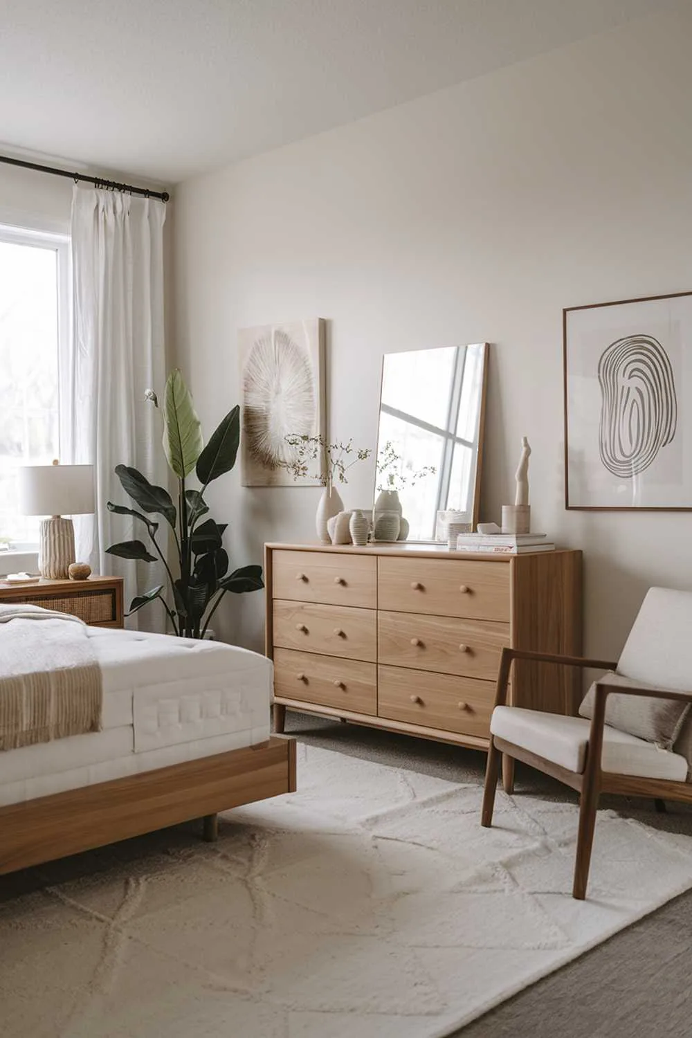 A neutral organic bedroom decor. The room has a wooden bed frame with a white mattress and a few pillows. There's a wooden dresser with a mirror and a few items on top. The walls have a few pieces of artwork. The floor is covered with a white rug. There's a large plant near the window. The window has white curtains. The room has a few pieces of furniture, including a chair and a lamp. The lighting is soft.