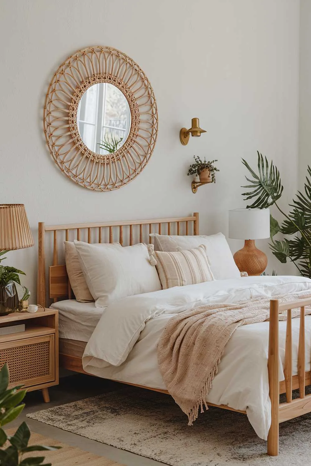 A highly detailed neutral organic bedroom decor with a wooden bed frame, a white duvet cover, and a few pillows. There's a wooden nightstand near the bed, holding a lamp and a plant. The walls are adorned with a large, round rattan mirror and a few small plants. The floor is covered with a rug.