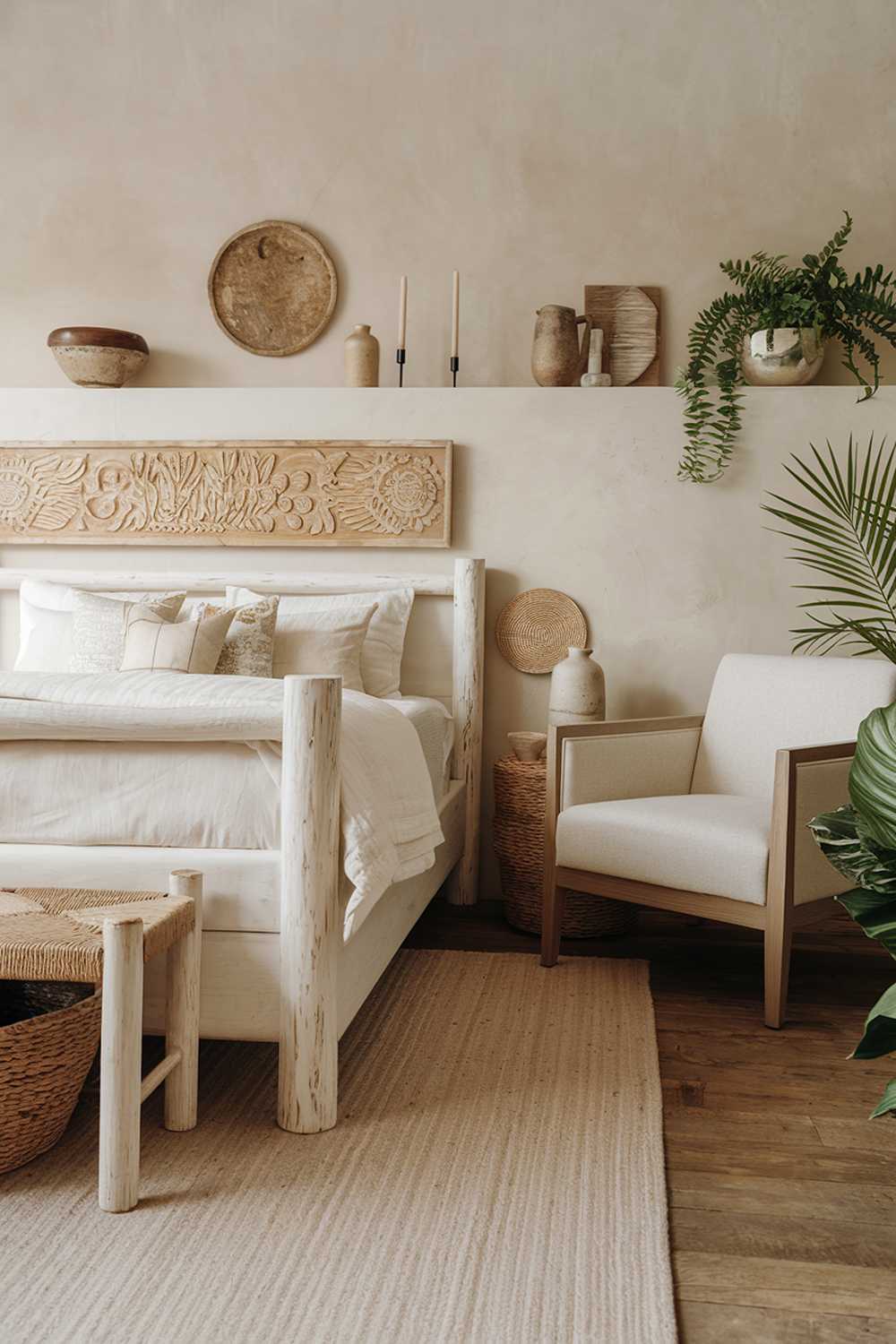 A neutral organic bedroom decor. The room has a wooden floor, a white wooden bed frame with a woven basket at the footrest, and a beige area rug beneath the bed. There's a beige armchair with a wooden frame in one corner. The wall above the bed has a wooden headboard with a carved pattern and a few decorative items, including a bowl, a vase, and a candle. The room has a few potted plants. The lighting is soft.