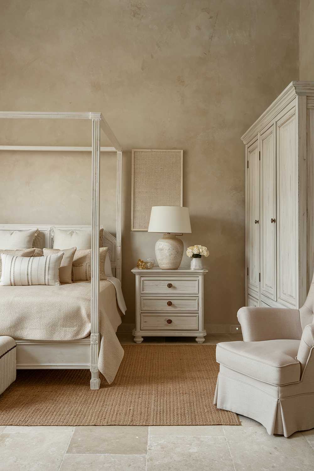 A cozy neutral bedroom decor with a high level of detail. The room has a beige walls, a white wooden bed with a beige cover, a beige rug, a white wardrobe, a white nightstand, and a beige armchair. There's a white lampshade on the nightstand and a beige throw pillow on the bed. The floor is made of beige tiles.