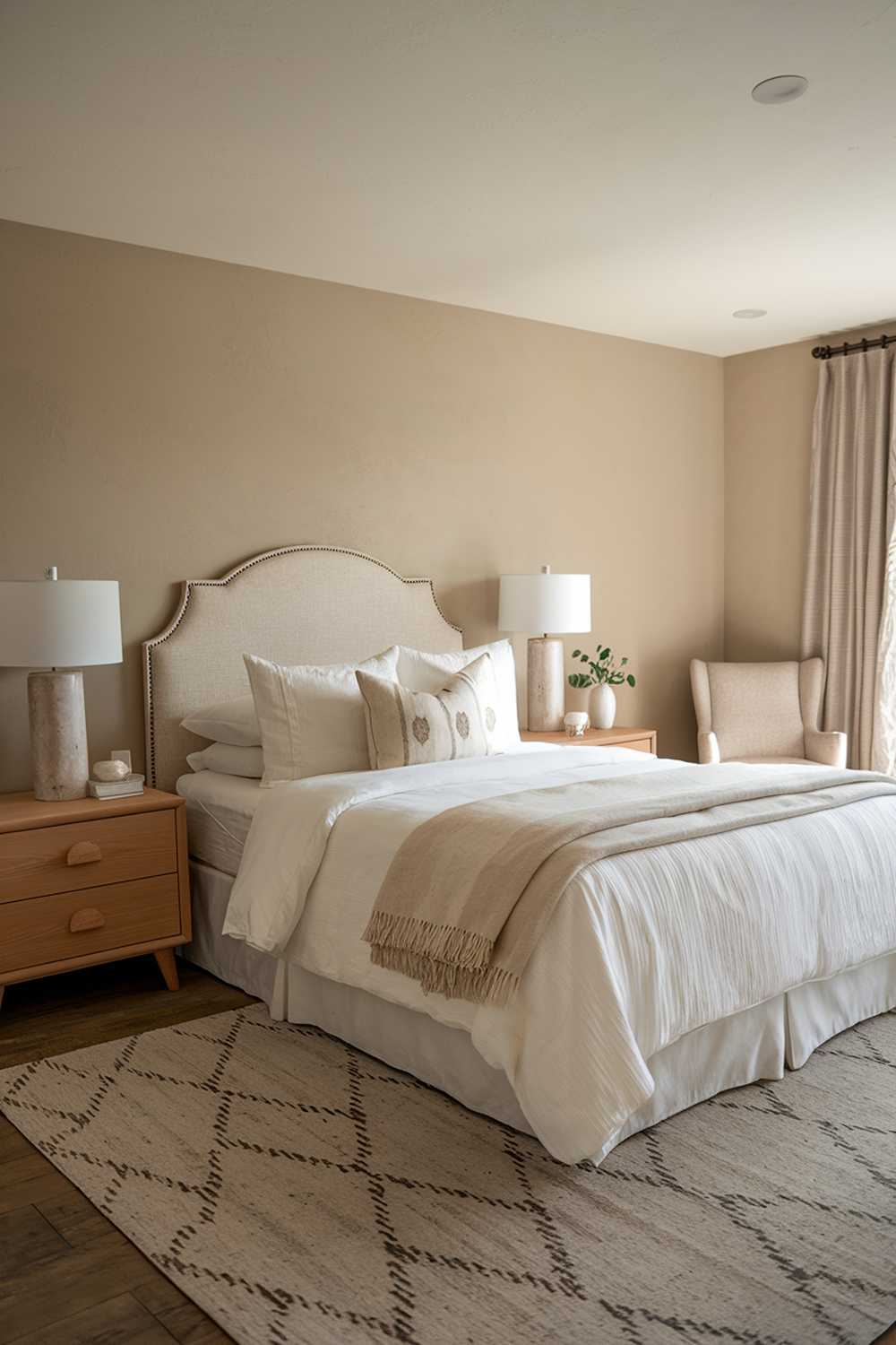 A cozy neutral bedroom decor. The room has a beige wall and a wooden floor. There's a queen-size bed with a beige headboard and white bedding. On the bed, there's a white decorative pillow and a beige throw blanket. The room has a wooden nightstand on the left side of the bed, with a white lampshade. There's a beige chair in the corner next to the nightstand. The room has a rug with a beige and grey pattern. The lighting is soft.