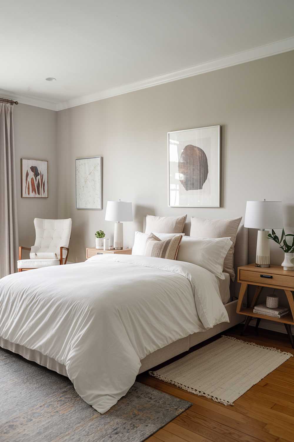 A neutral bedroom decor with a high level of detail. The room has a queen-sized bed with a white duvet and a few pillows. There is a wooden bedside table on each side of the bed, one of which has a white lamp and a small plant. The walls are painted a light grey color. There is a white chair in the corner, and the floor is made of hardwood. The room has a few pieces of artwork on the walls, and there is a small rug near the bed.