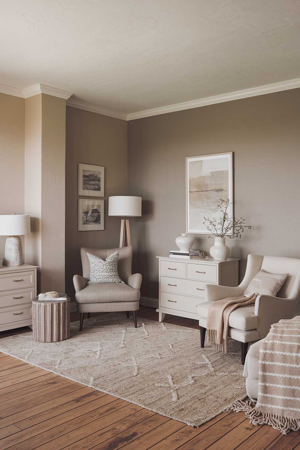 A cozy, neutral bedroom with a high-quality texture. The room features a wooden floor, a beige area rug, a white dresser, a gray chair, a beige armchair, a white lamp, a beige wall, and a gray wall. There is a patterned throw pillow on the gray chair and a beige throw blanket on the beige armchair. The room has soft lighting.