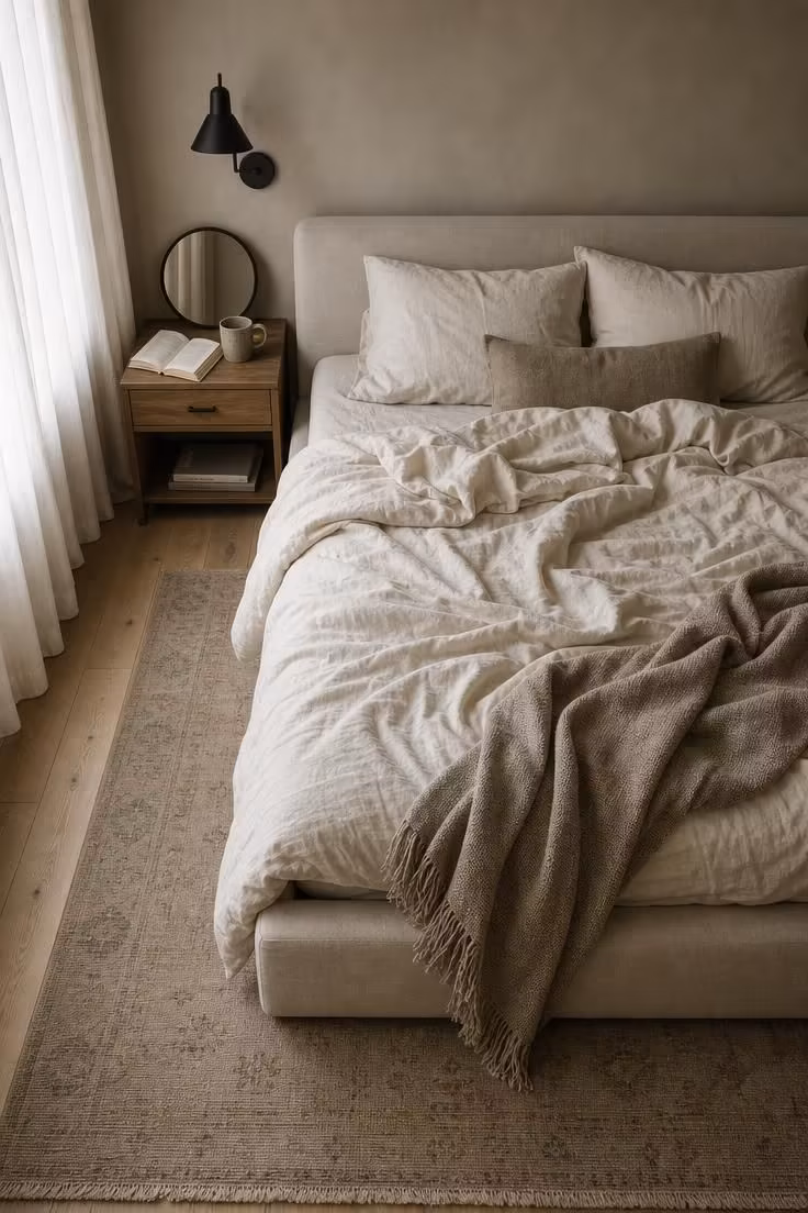 Overhead view of a neutral bedroom with a single matte black sconce, oatmeal linen bedding, and a natural wood nightstand on a cool overcast morning.