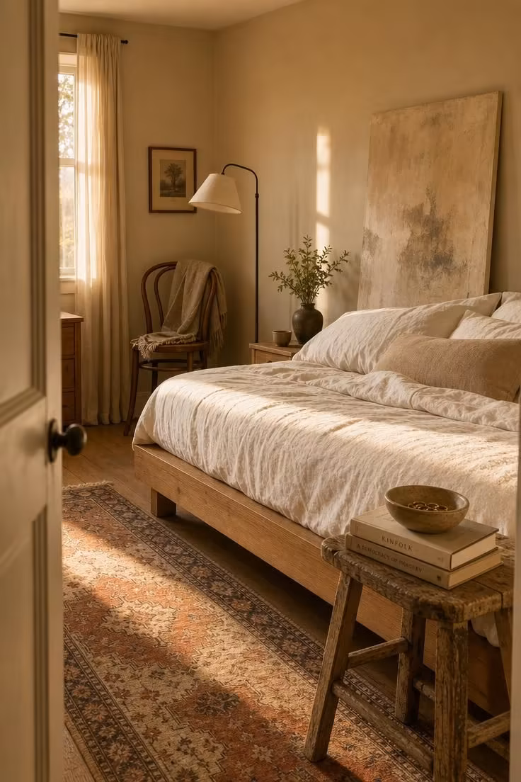 Wide-angle doorway view of a neutral bedroom in golden afternoon light with mixed vintage and modern furniture, linen bedding, and a faded Persian runner.