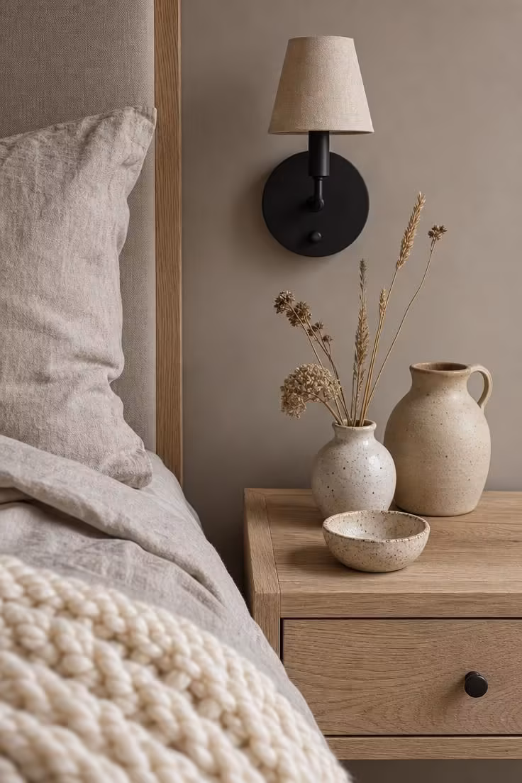 Close-up of a matte black bedside sconce above an ash nightstand with handmade ceramics and linen bedding in soft diffused light.
