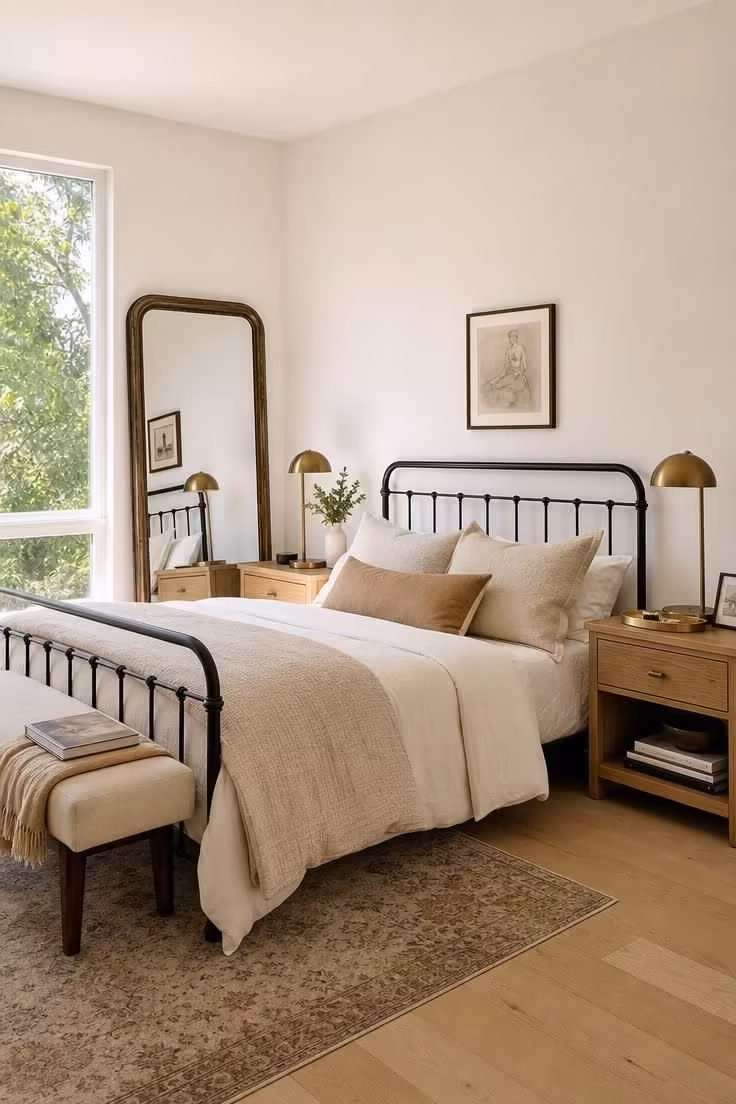 Eye-level view of a bright neutral bedroom with matte black bed frame, warm brass lamps, aged bronze mirror, and layered oat-toned bedding in midday light.