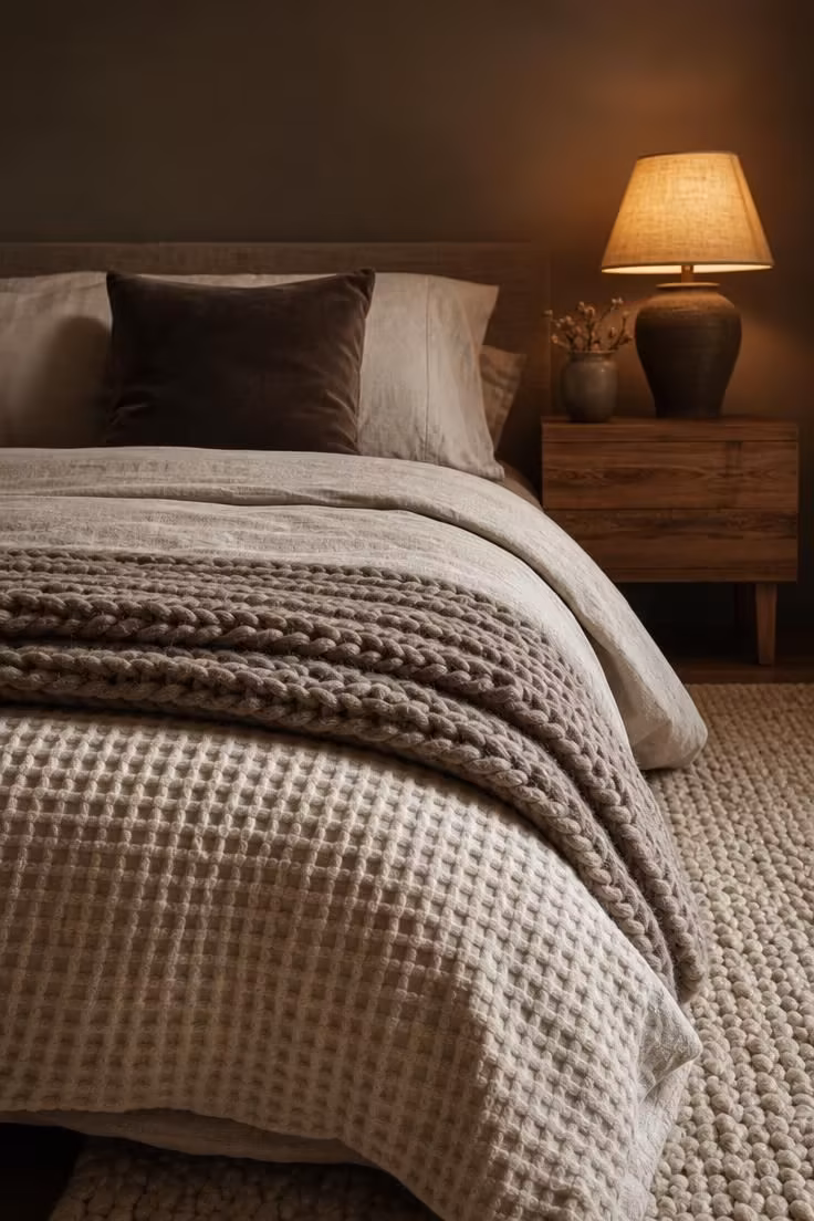 Low-angle view across layered bed textures in a moody neutral bedroom with waffle-weave cotton, linen, hand-knit wool, and velvet in warm low light.