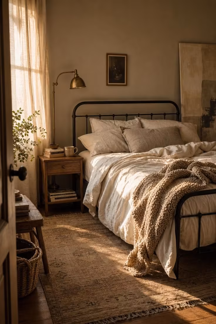 Simple Spaces 18 Wide editorial view of a complete neutral bedroom with matte black iron bed frame, linen bedding, natural wood nightstand, brass floor lamp, and personal touches in warm golden afternoon light.