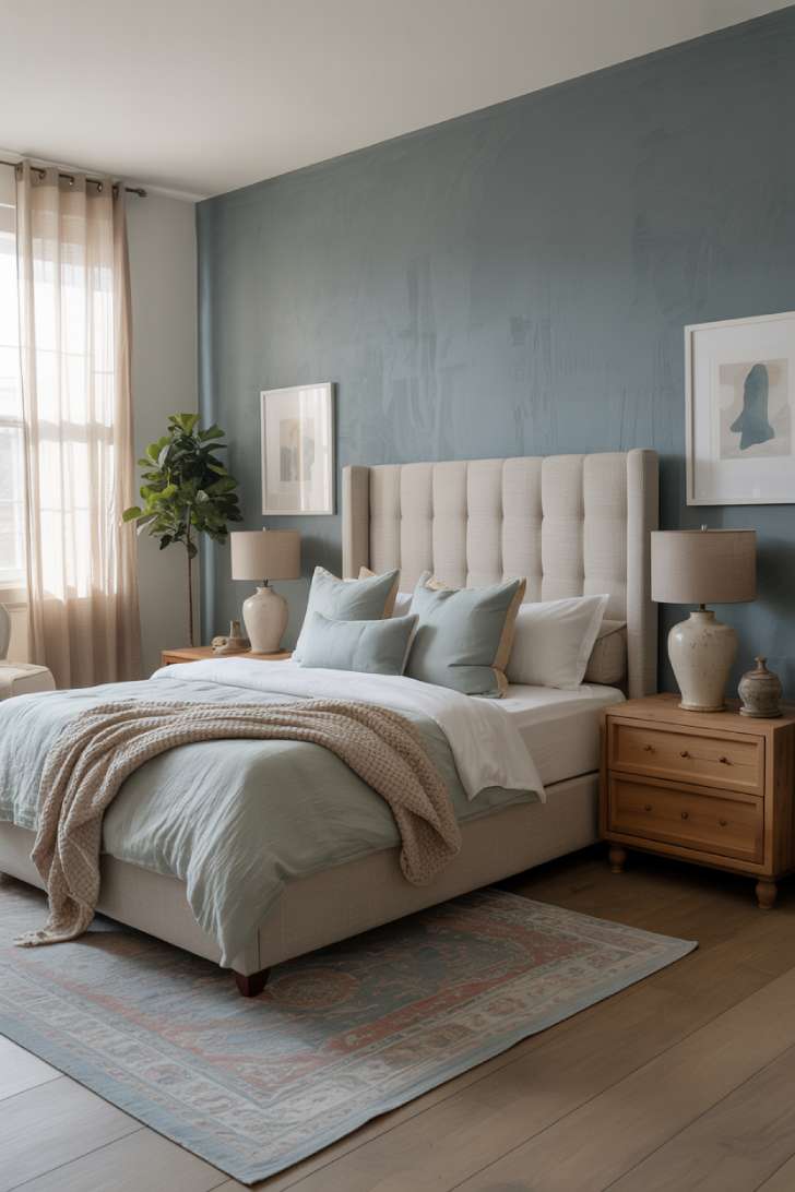Dusty blue-gray bedroom with boucle headboard, oak nightstands, and Persian rug in morning light
