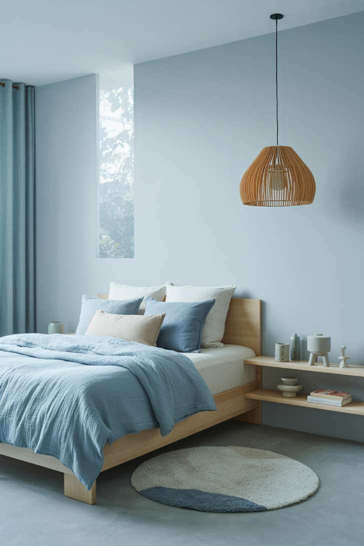 Scandinavian bedroom with powder blue walls, low ash bed frame, rattan pendant, and concrete floor