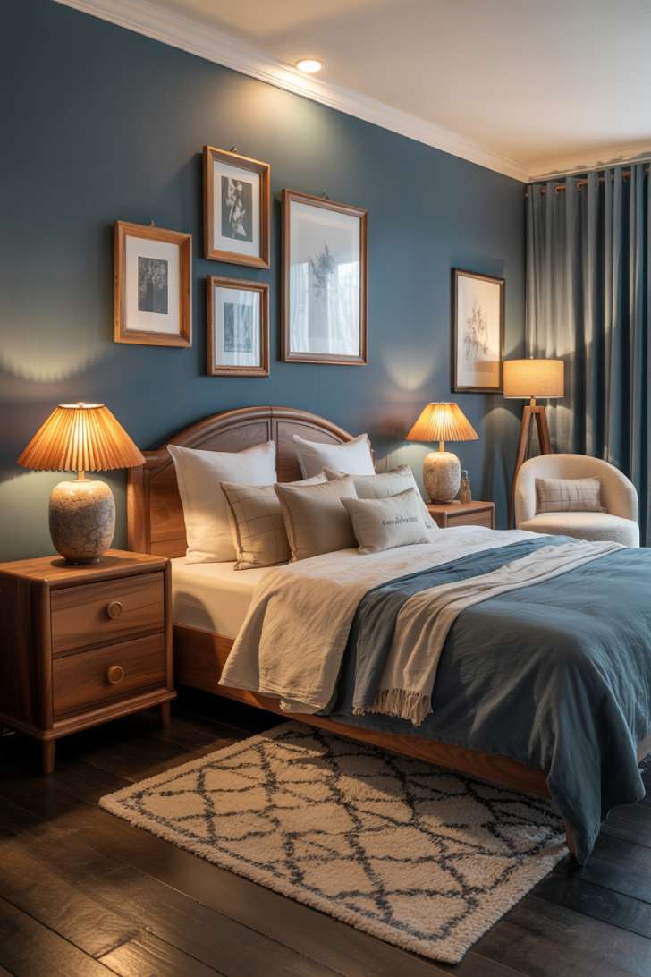 Deep navy bedroom with walnut bed frame, arched headboard, gallery wall, and velvet drapes