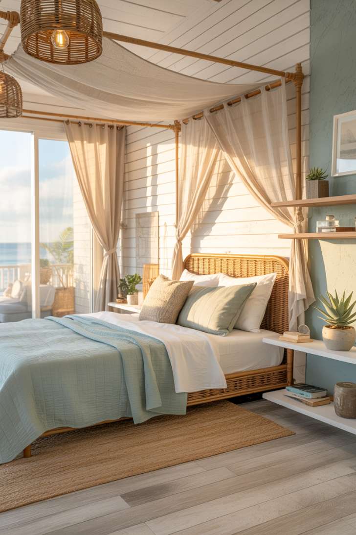 Coastal bedroom with rattan canopy bed, seafoam walls, shiplap, jute rug, and wicker pendants