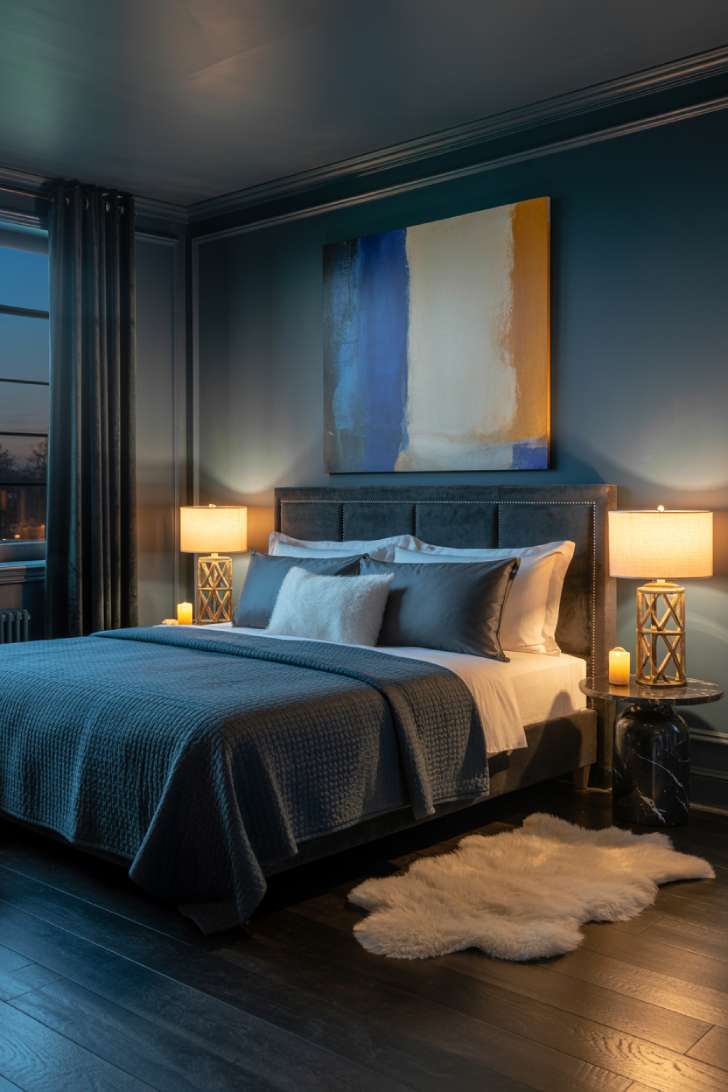 Moody midnight blue velvet bedroom with marble nightstands, brushed gold lamps, and abstract canvas