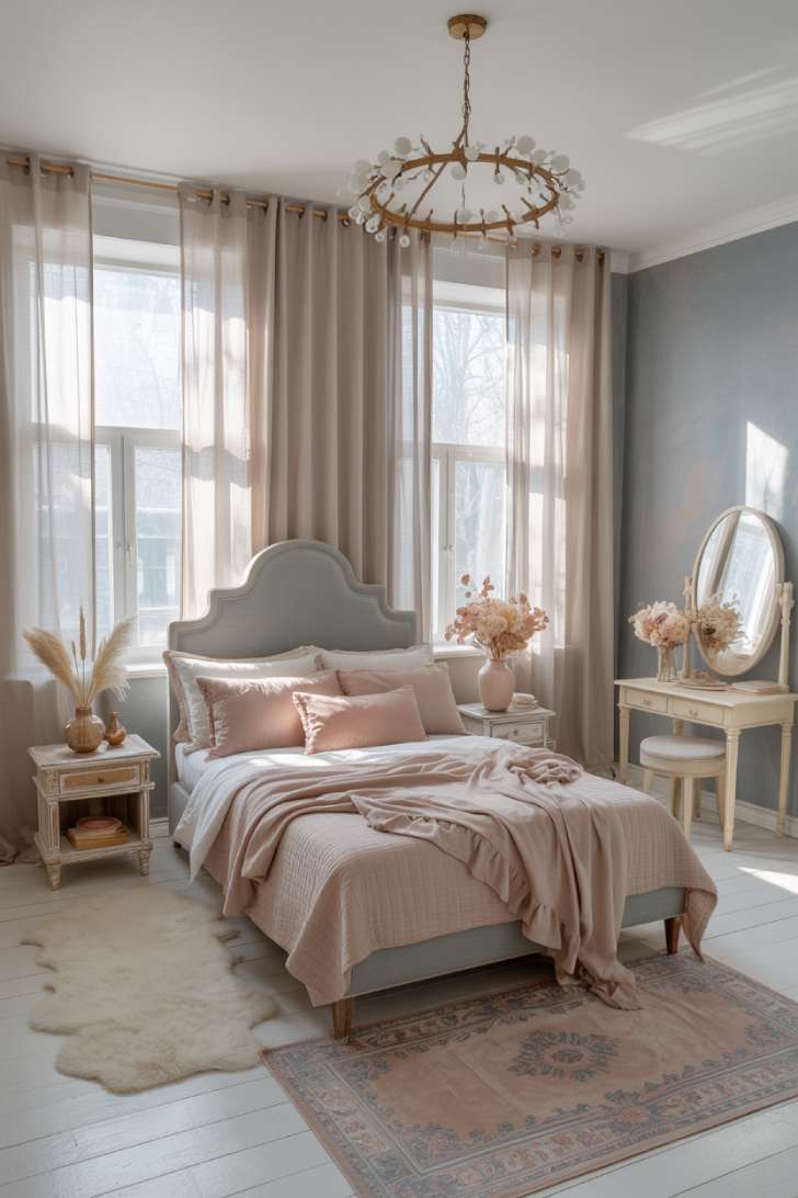 Romantic bedroom with curved blue-gray linen headboard, ruffled blush bedding, brass chandelier, and Persian rug