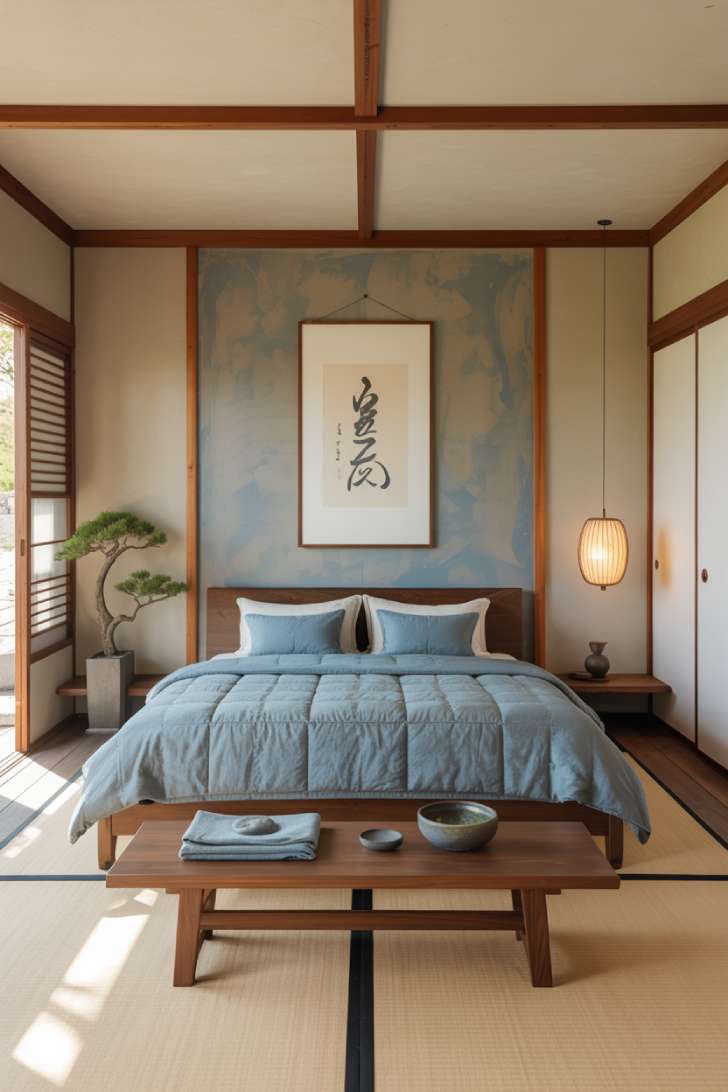 Japanese-inspired Zen bedroom with platform walnut bed, shoji panels, calligraphy art, and bonsai tree