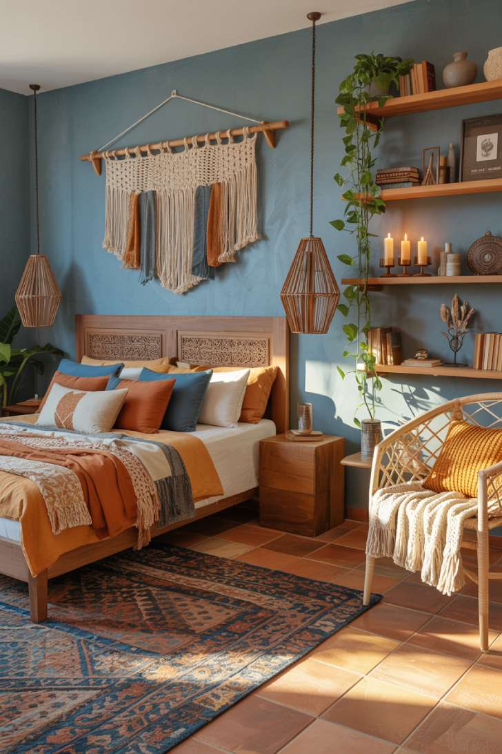Boho bedroom with carved mango wood bed, macramé wall hanging, indigo Moroccan rug, and rattan chair