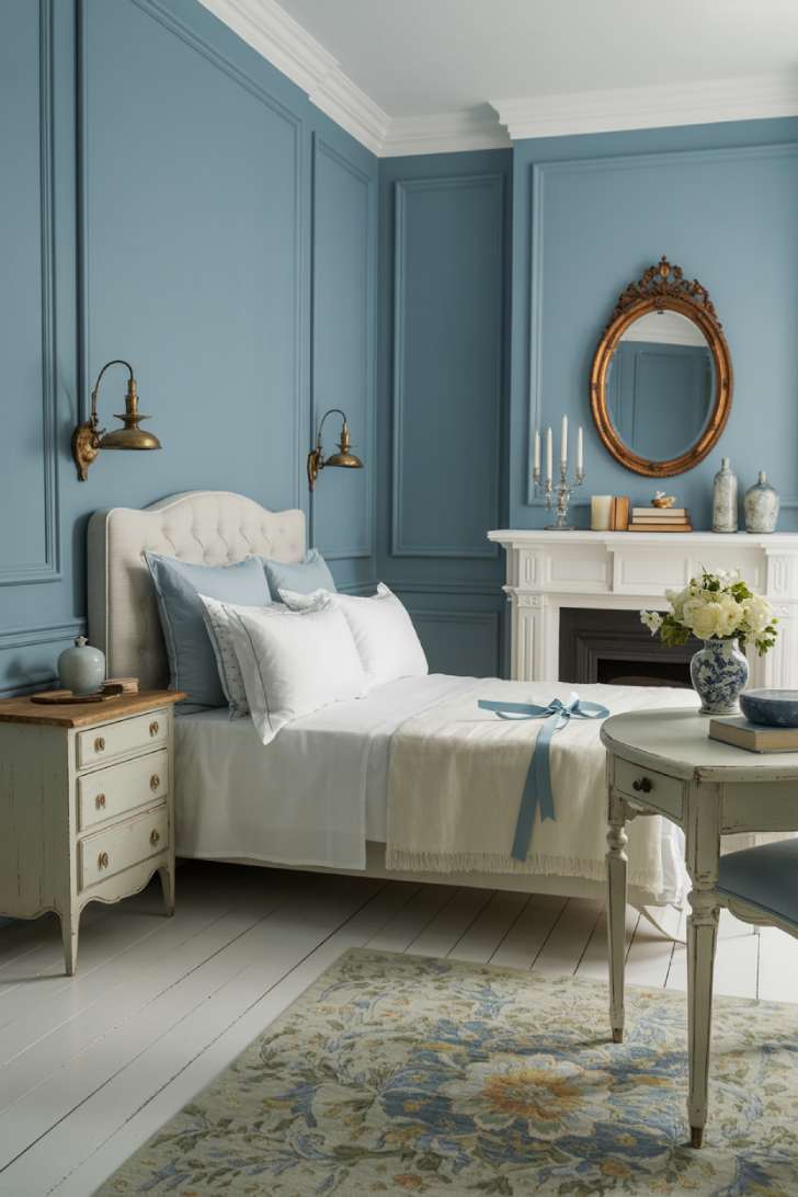Elegant French blue bedroom with button-tufted white linen bed, antique nightstands, brass sconces, and fireplace