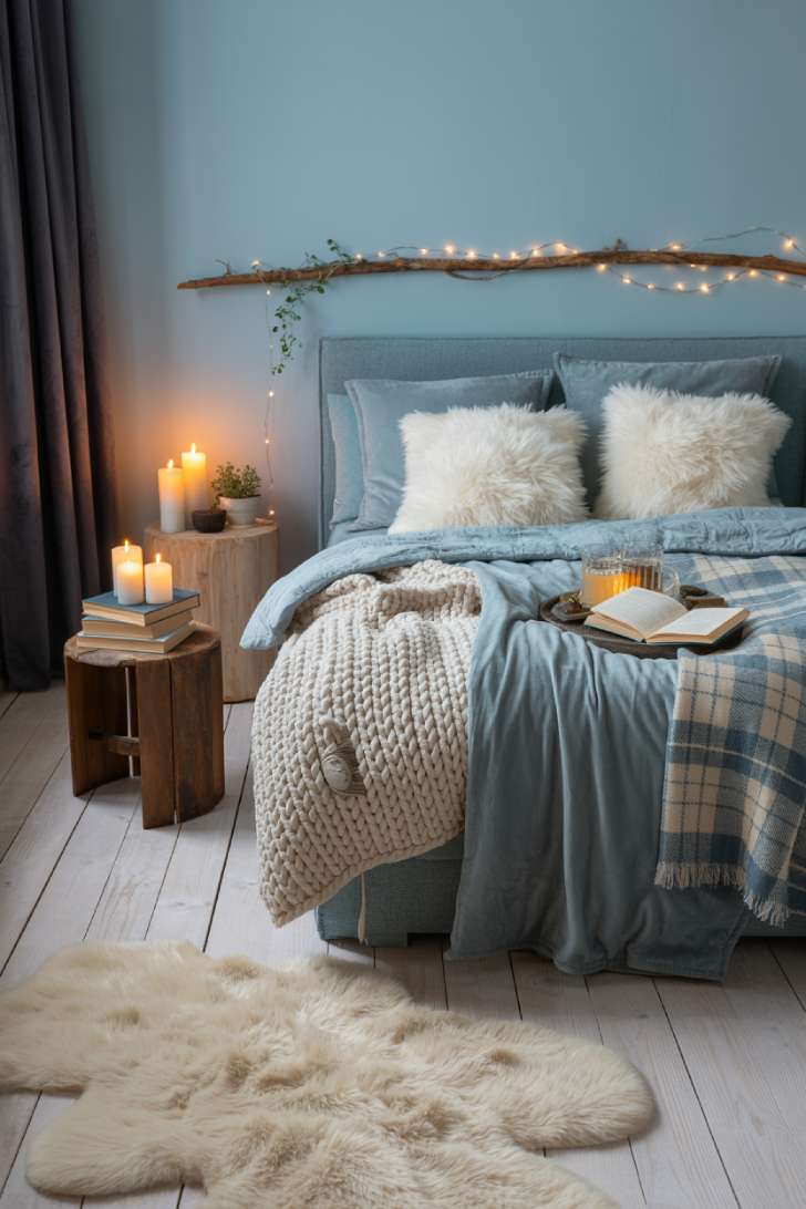 Hygge winter bedroom with arctic blue walls, chunky knit throws, sheepskin rug, fairy lights, and charcoal curtains
