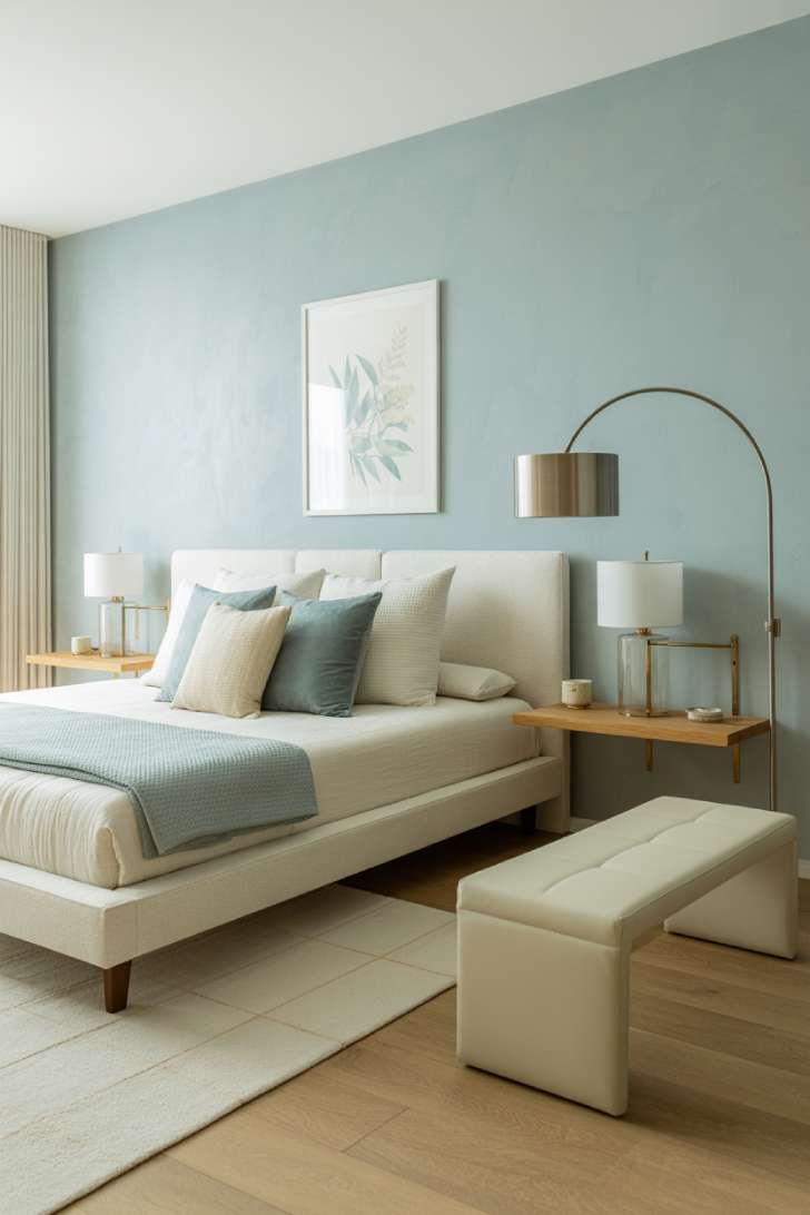 Contemporary bedroom with pale eucalyptus blue wall, white boucle bed, floating oak shelves, and arch floor lamp