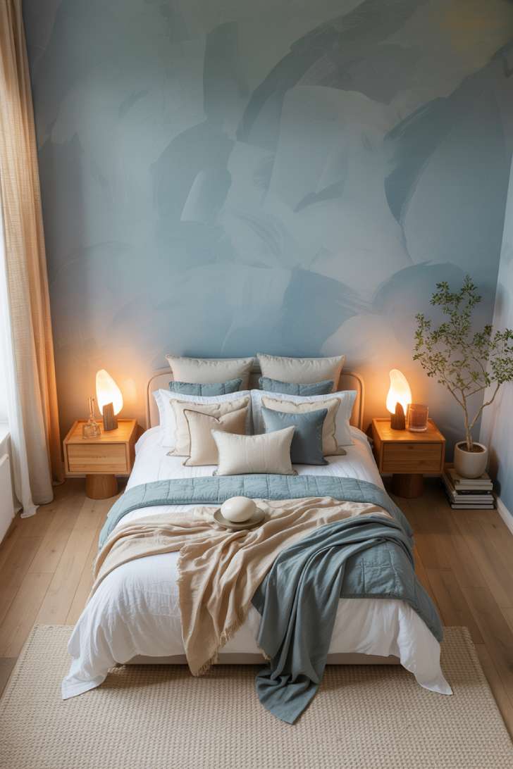 A neutral blue bedroom