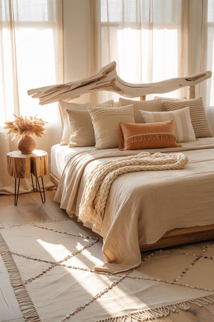 Neutral boho bedroom with driftwood headboard, layered linen bedding, and warm morning light