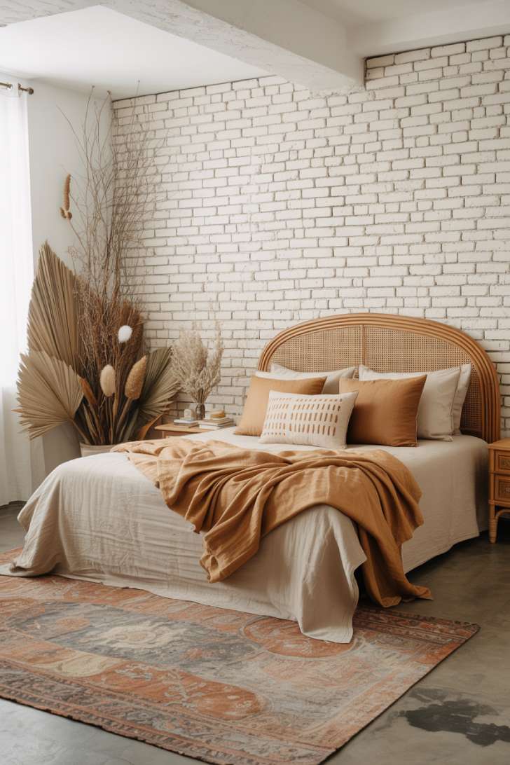 Boho bedroom with whitewashed exposed brick walls, rattan headboard, and Turkish kilim rug