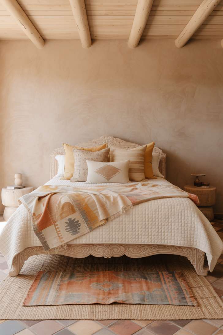 Santa Fe-style boho bedroom with adobe clay walls, carved mango wood bed, and layered Navajo-inspired textiles