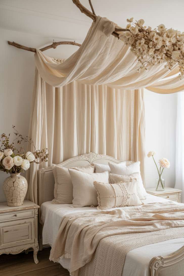 Romantic boho bedroom with raw silk organza canopy, vintage French carved bed, and dried floral arrangements