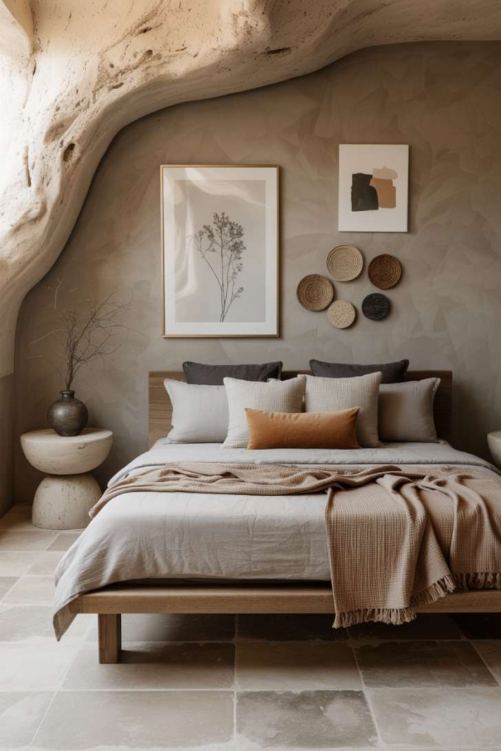 Cool-toned boho bedroom with tadelakt plaster walls, smoked oak platform bed, and marble concrete nightstand