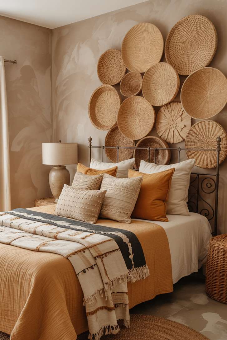 Maximally textured boho bedroom with wrought-iron four-poster bed, basket wall art, and layered Persian rugs