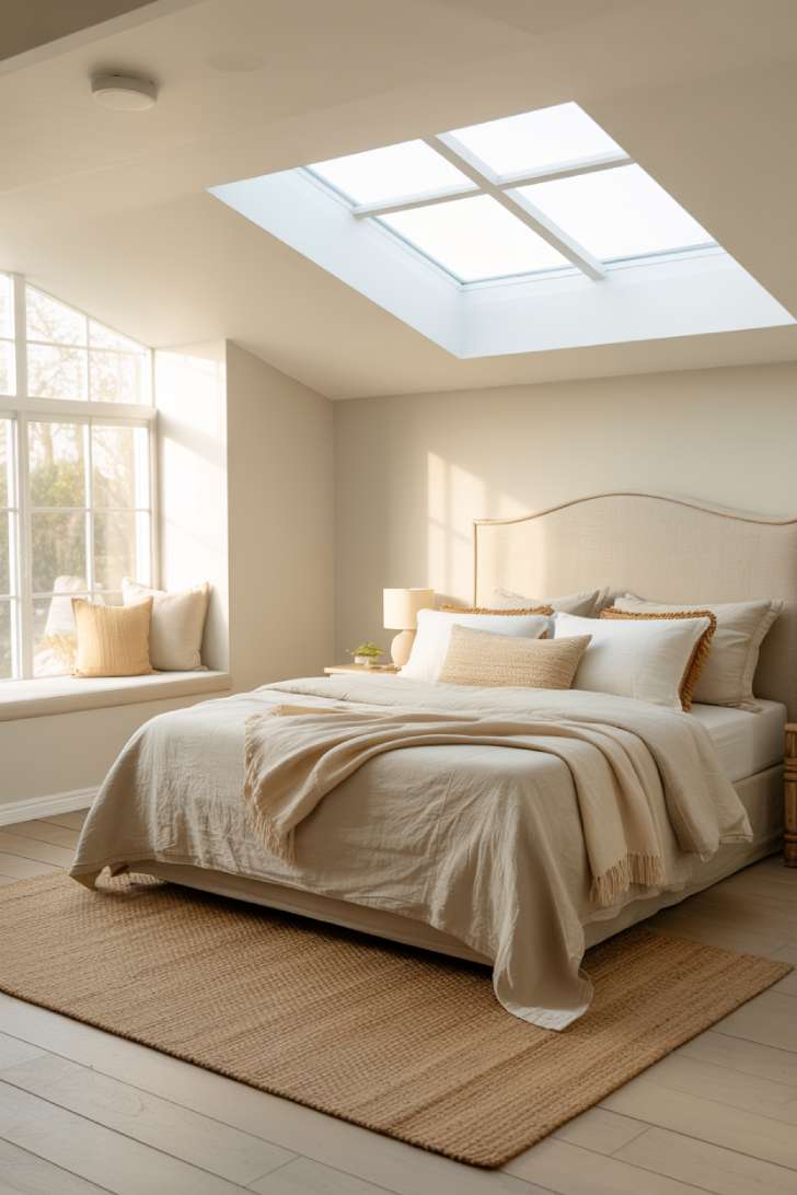 Airy boho bedroom with skylight, boucle headboard, seagrass rug, and macramé ceiling mobile