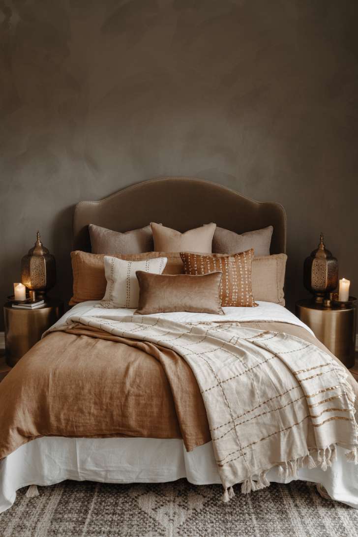 Dark neutral boho bedroom with velvet headboard, Moroccan lantern nightstands, and Persian rug layering