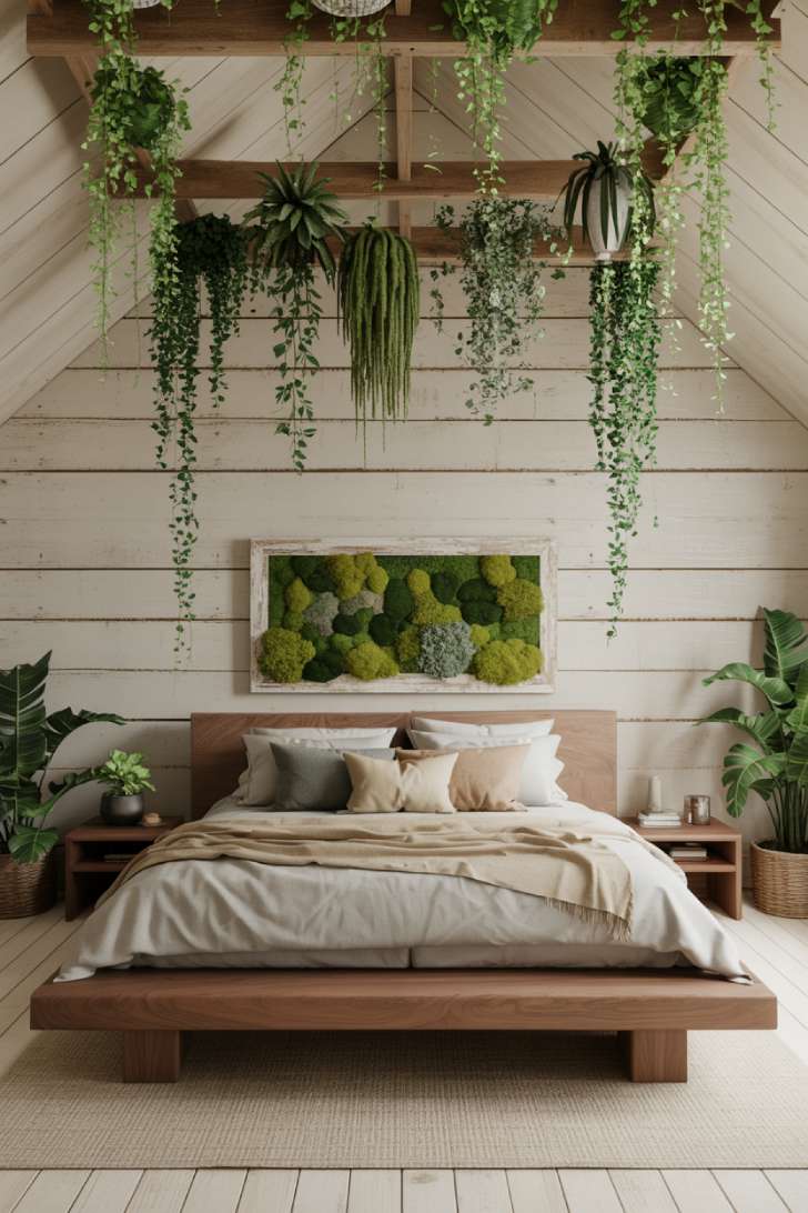 Biophilic boho bedroom with living moss wall, hanging trailing plants, walnut platform bed, and raw oak plank walls