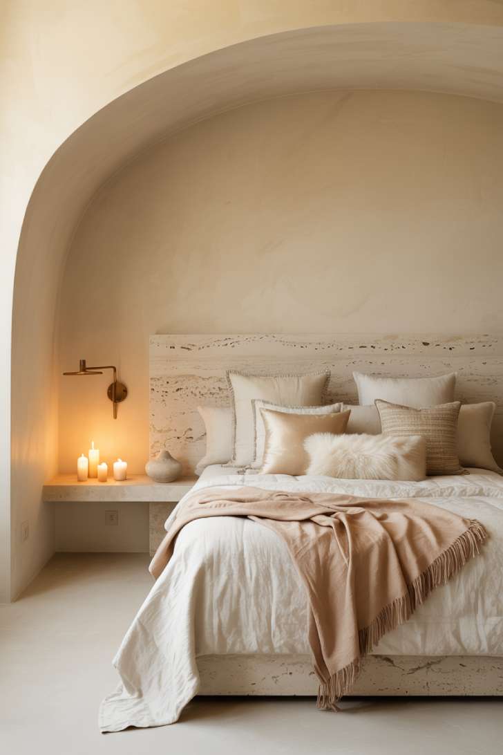 Luxurious neutral boho bedroom with travertine headboard, venetian plaster walls, and cashmere throw
