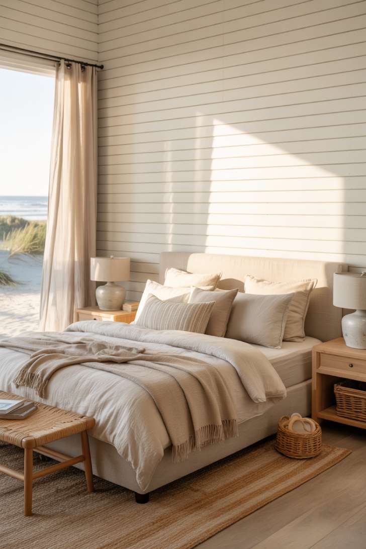 12 Neutral Coastal Bedroom Ideas for a Fresh, Calm Look 1 Neutral coastal bedroom with oatmeal upholstered bed, white shiplap wall, jute rug, and ocean view through sheer curtains.