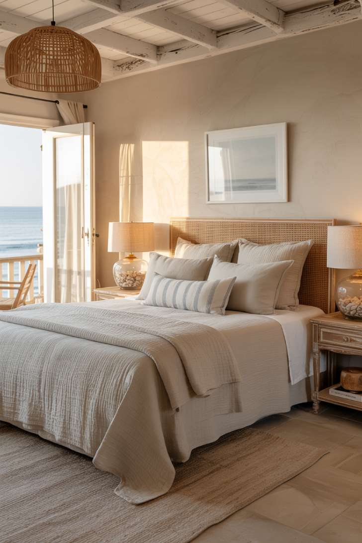 12 Neutral Coastal Bedroom Ideas for a Fresh, Calm Look 2 Neutral coastal bedroom with exposed white beams, cane headboard, woven pendant, and French doors to a sea-view balcony.