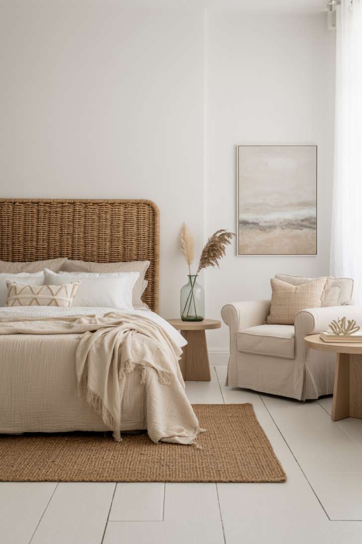 12 Neutral Coastal Bedroom Ideas for a Fresh, Calm Look 3 Neutral coastal bedroom with woven rattan headboard, jute rug, white oak floors, and slipcovered armchair by the window.