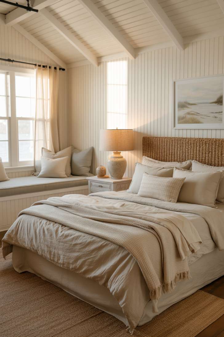 12 Neutral Coastal Bedroom Ideas for a Fresh, Calm Look 4 Small neutral coastal bedroom with vaulted beadboard ceiling, seagrass headboard, and built-in window seat.